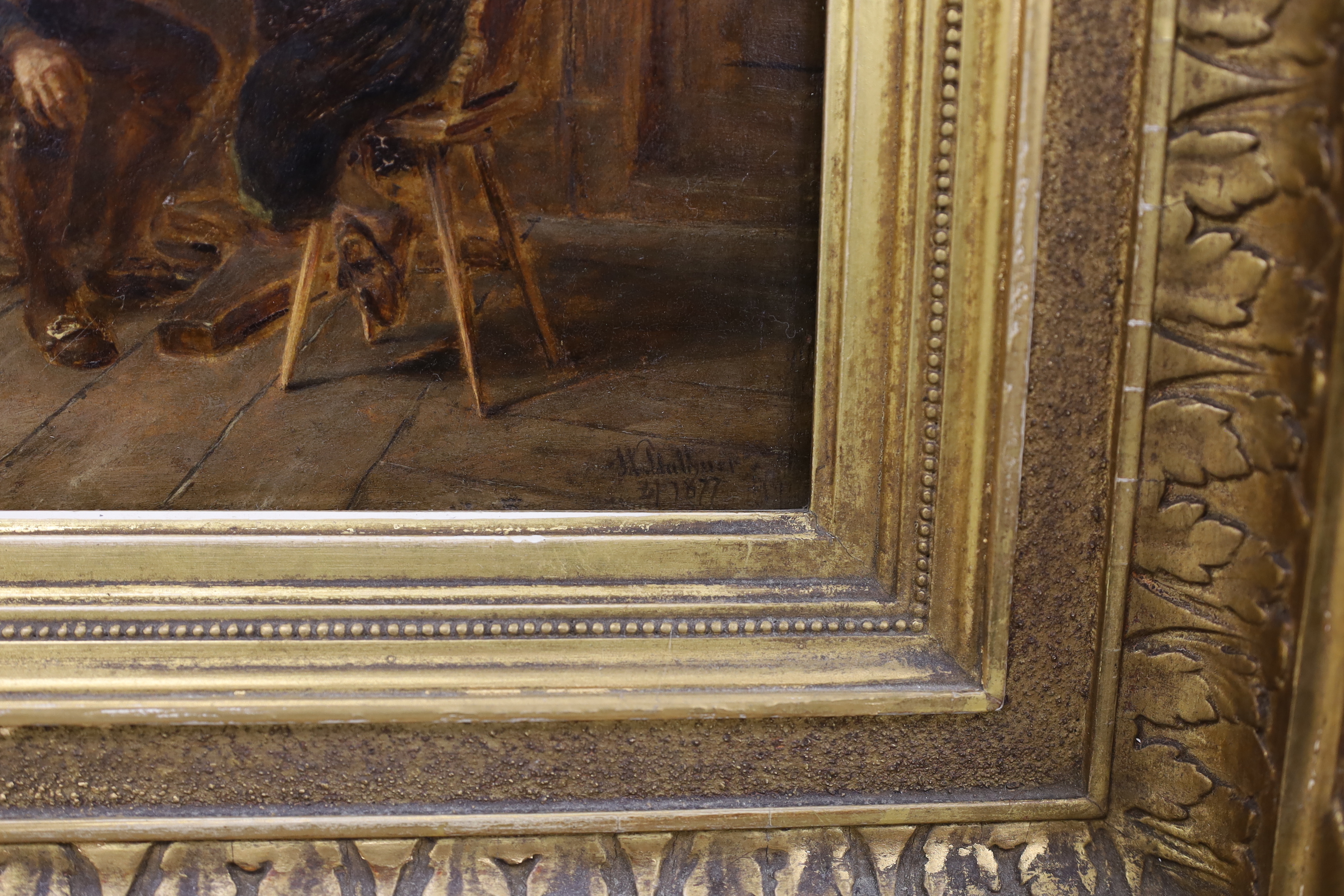 19th century Continental School, oil on board, Figures in a cottage interior, indistinctly signed and dated 1877, 21 x 17cm, housed in ornate gilt frame